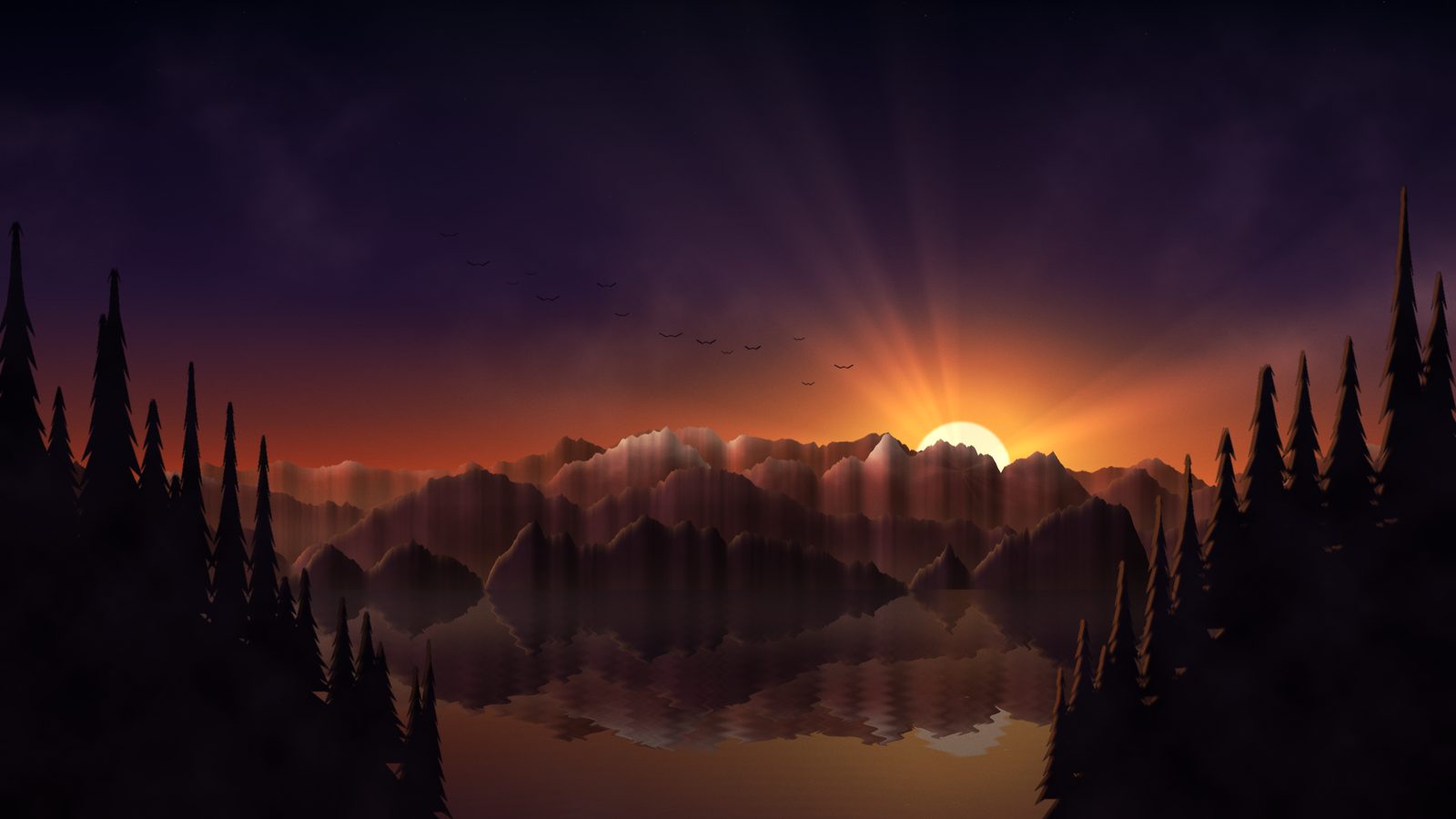 Paisaje de montañas al atardecer con lago y pinos, generado por capas